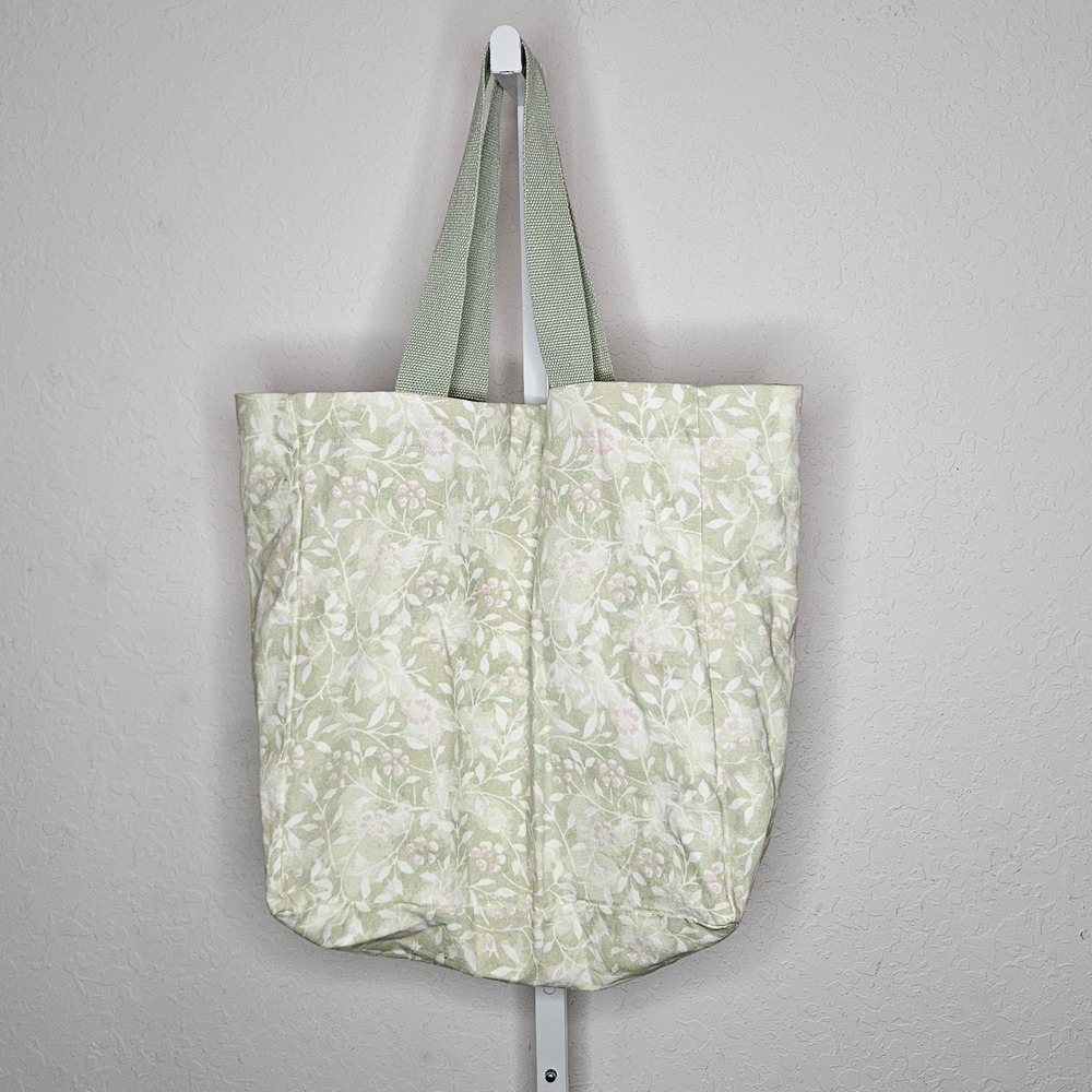Sage Green Floral Cotton Canvas Tote Bag Reusable Market Shopper with Pocket